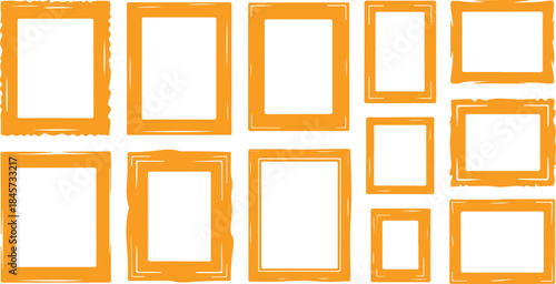 A varied collection of hand drawn orange frames with irregular edges on a clean white background