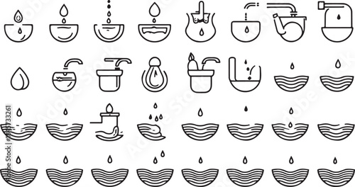 Assortment of black and white line art icons featuring water drops faucets bowls and hands interacting with water