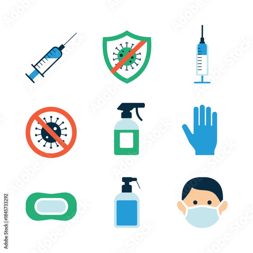 Medical protection icon set, syringe shield sanitizer mask glove symbols, healthcare safety prevention theme, modern flat vector illustration design