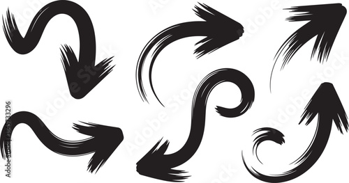 A versatile set of distinct black hand drawn brush stroke arrows pointing in multiple directions