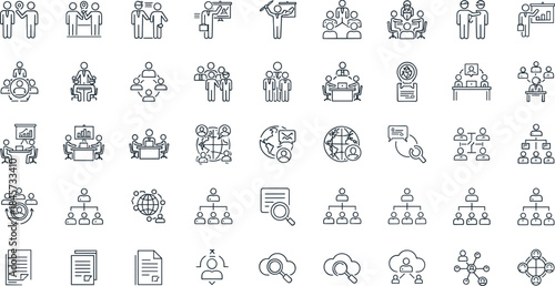 Corporate business management and human resources line icon set, team leader, meeting, global networking, document files, and organizational structure vector collection.