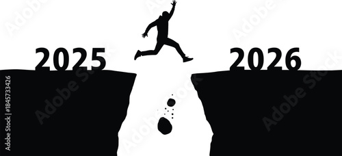 Determined person silhouette leaps across a dangerous cliff chasm from the year 2025 to 2026, symbolizing a challenging transition, risk, and future opportunity.