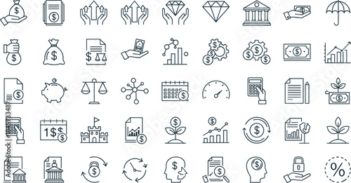 Financial investment, banking, and money savings icons set, business and finance strategy, vector line illustration collection with dollar symbol, profit growth, and calculator.