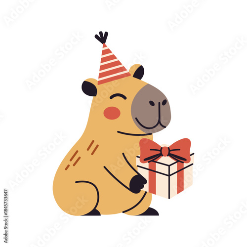 Vector cute capybara holding wrapped gift box with big bow on white background. Funny valentines day animal character illustration for kids greeting card, poster, sticker and nursery art.