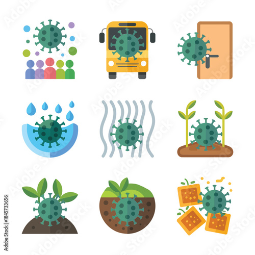 Virus transmission and environmental contamination icons collection with water air soil surfaces transport flat vector design elements