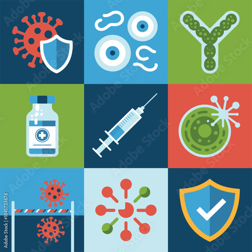 Public health awareness and virus prevention icon set featuring shield vaccine hygiene immunity symbols flat vector illustration