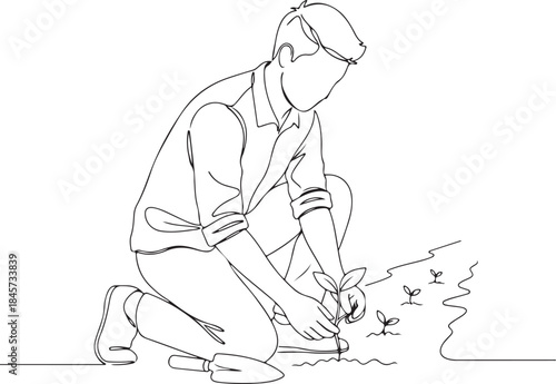 Young Gardener Planting Crops Line Drawing Agriculture Start