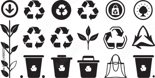 Collection of black and white icons representing recycling and environmental care symbols recycling symbol