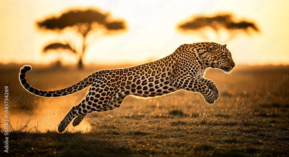 Obraz premium Leopard running in savannah grassland with acacia trees at sunset
