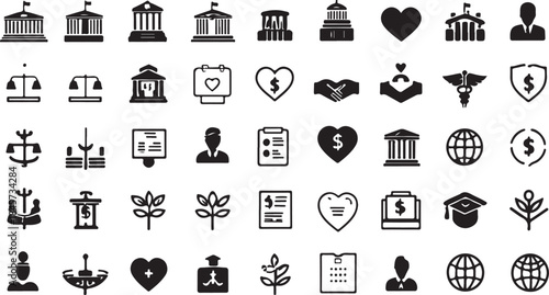 Collection of Financial and Government Icons Representing Law Justice and Business Transactions symbols
