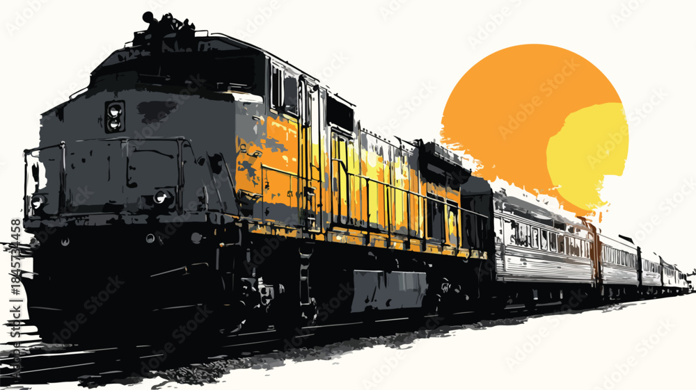 Obraz premium Scenic Train Painting with Sun Vector Outline