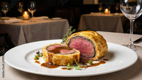 Plated Beef Wellington Steak With Thyme And Rich Gravy Sauce Classic British Main Course