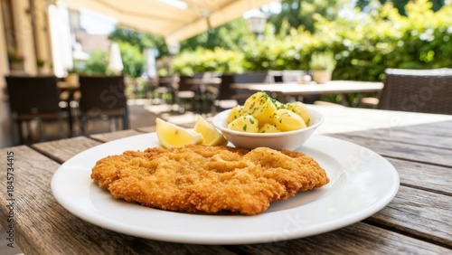Authentic Austrian Wiener Schnitzel With Parsley Potatoes On Restaurant Terrace Crispy Breaded Veal Cutlet