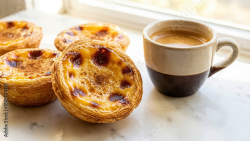 Macro Shot Of Portuguese Pastel De Nata Custard Tart With Espresso Coffee Traditional Sweet Egg Pastry