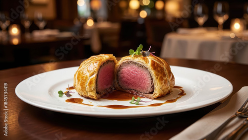 Gourmet Beef Wellington With Puff Pastry And Gravy In Luxury Restaurant Fine Dining Meat Dish