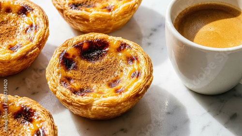 Group Of Portuguese Pastel De Nata Egg Tarts With Cup Of Espresso Morning Coffee And Pastry
