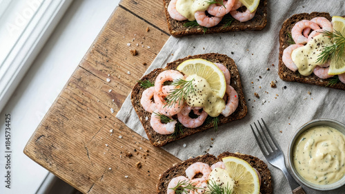 Flat Lay Of Traditional Danish Smorrebrod Open Sandwiches With Shrimp And Lemon Danish Shrimp Open Sandwiches