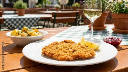 Crispy Wiener Schnitzel Served With Lingonberry Jam And Potatoes Outdoors Traditional German Austrian Lunch