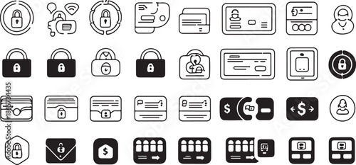 Collection of Icons Representing Security Identification and Financial Transactions lock padlock