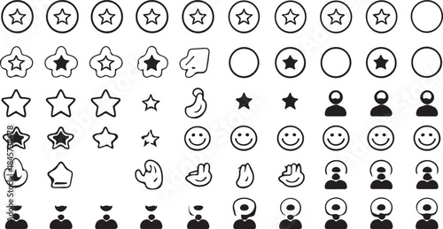 Collection of Hand Drawn Icons Featuring Stars Smiles People and Abstract Shapes on White Background Keywords: star icon, circle icon, smiley face icon, human icon, abstract shape icon, doodle