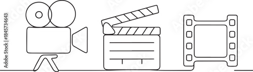 Movie Camera And Film Tools Line Drawing Media Industry Concept
