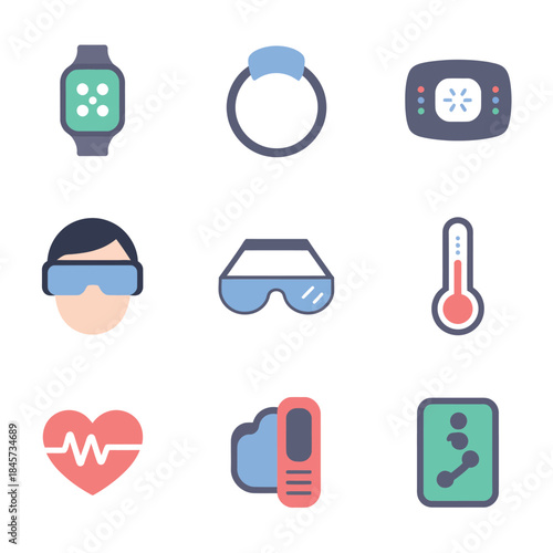 Medical monitoring and health device icon set featuring pulse smartwatch thermometer patient care flat vector illustration collection