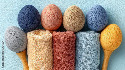 Delicate composition with facial steamers and towels on pastel blue background, flat lay