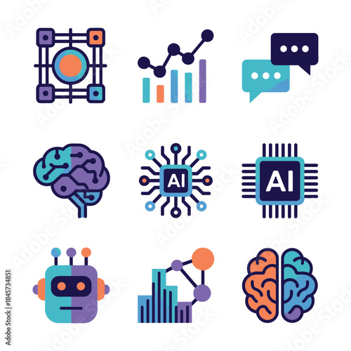 Artificial intelligence and analytics icon collection featuring ai brain robot charts data processing flat vector illustration set