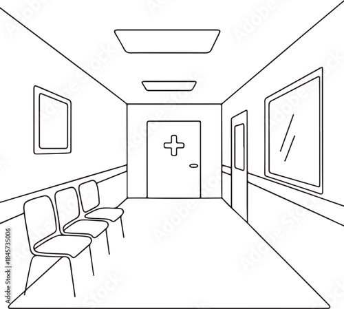 Healthcare Building Hallway Line Drawing Clean Clinical Interior