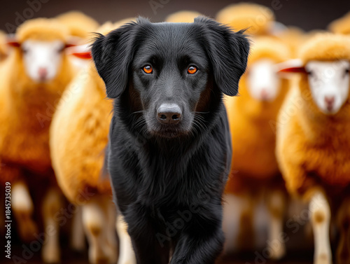 Farm dog herding sheep