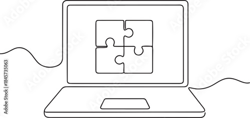Laptop With Puzzle Pieces Line Art Business Solution Concept