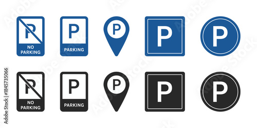 Parking and No Parking Icons Set with Map Parking Symbol