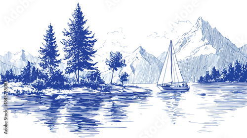 Sailboat on Water with Trees and Mountains in Background