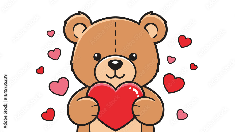 Obraz premium Cute brown teddy bear toy with a red heart illustration vector for Valentine's Day love and childhood