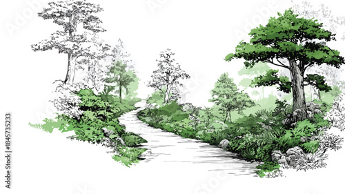 Tranquil Forest Trail Meandering Through Rich Foliage Vector
