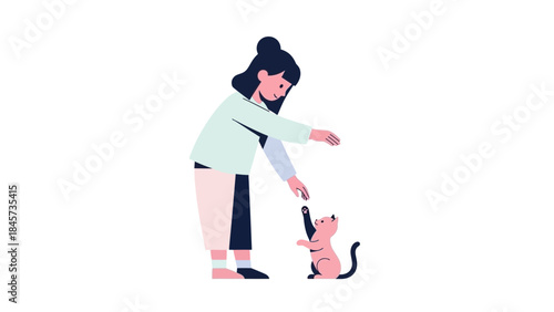 Illustration of a woman interacting and playing with a cute pink cat vector image