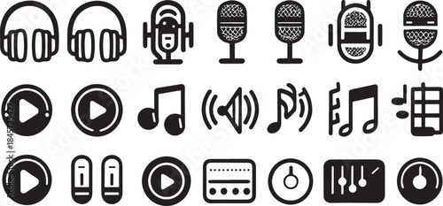 Music and Audio Related Icons Including Headphones Microphones Play Buttons and Musical Notes headset