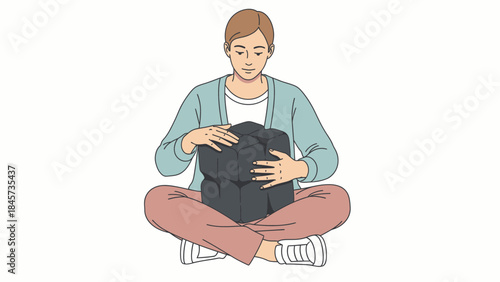 A woman meditating while holding a dark block on a white background in a zen position