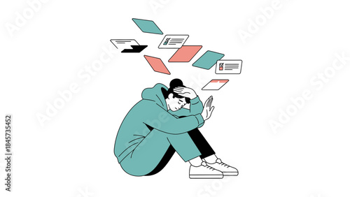 Illustration of a person overwhelmed with thoughts and information overload vector