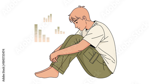 Illustration of a person sitting alone with graphs suggesting mental health or business decline