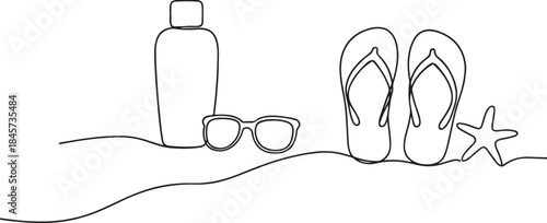Sunscreen And Beach Items Line Drawing Tropical Leisure Scene