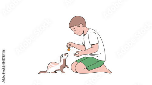 A Young Boy Feeding a Pet Ferret: Illustration of Caring and Friendship
