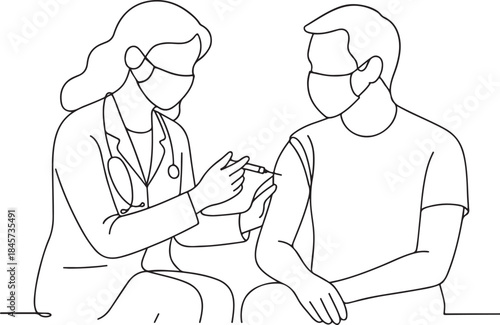 Medical Vaccination Scene Line Drawing Protective Masked Doctor
