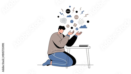 Illustration depicting a person overwhelmed by thoughts, anxiety, and the concept of fear