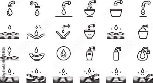 Set of line art icons illustrating water drops faucets bowls and flowing water in various configurations