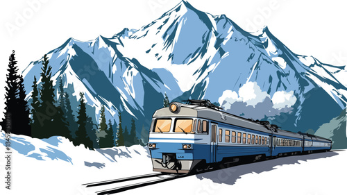 Train with Mountain Background Vector Outline