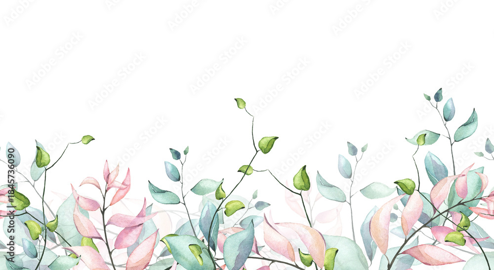 Fototapeta premium Watercolor hand painted blue, pink, turquoise, green branches and leaves delicate seamless border. Floral arrangement template design clipart.