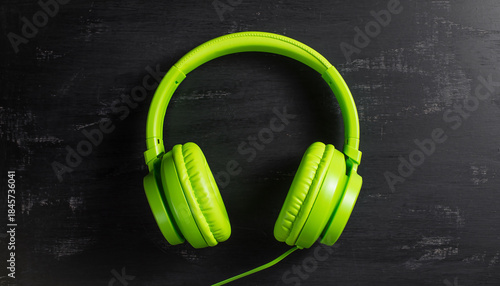 Bright neon green headphones on a vintage black background