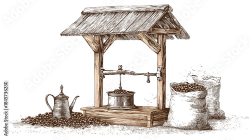 Rustic Wooden Kiosk with Coffee Beans and Pot - Professional Stock Photo
