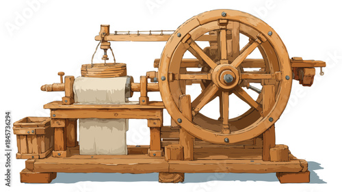 Rustic Wooden Machine with Wheel - Vector Illustration